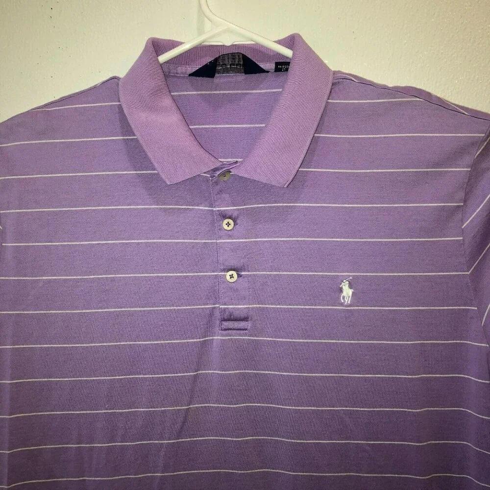 Ralph Lauren Polo Golf Shirt Mens Large Purple Striped Performance Classic Sz L